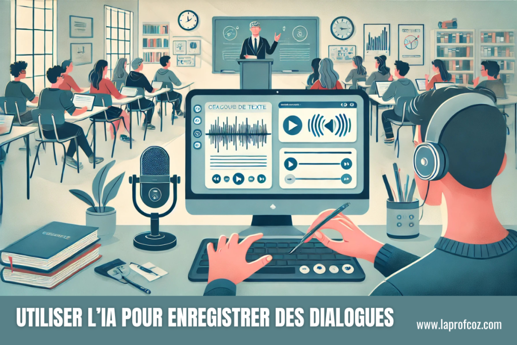 Illustration d'un enseignant créant un dialogue pédagogique avec l'intelligence artificielle sur un ordinateur. L'écran affiche un éditeur de texte et une interface de synthèse vocale