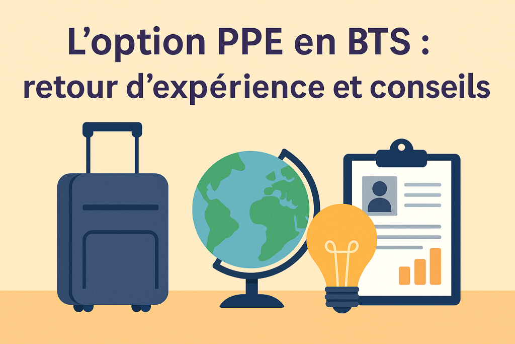 llustration de l’option PPE en BTS Tourisme avec une valise, un globe, une ampoule et une fiche de présentation, accompagnée du titre : “L’option PPE en BTS : retour d’expérience et conseils pratiques”.
